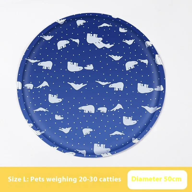Round pet cooling mat with cartoon design options for dogs in two size variations