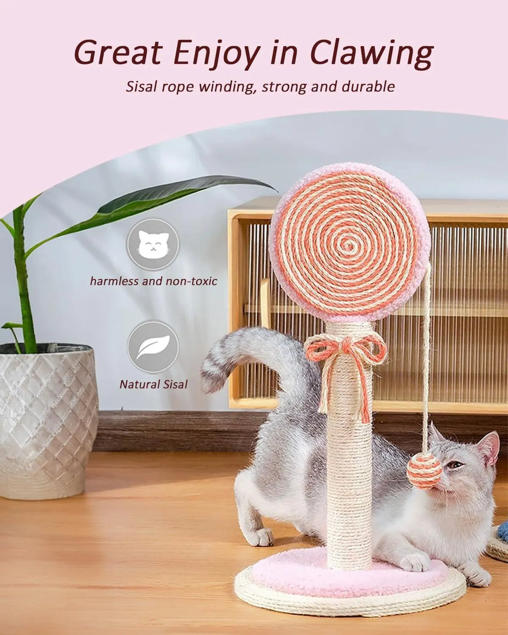Blue cat scratching post with sisal surface and hanging ball on stable circular base