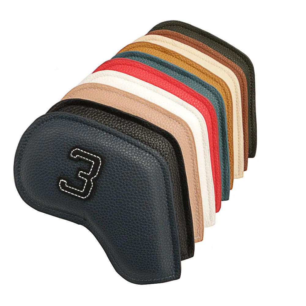 Set of 10 digitally printed golf club head covers in various colour designs