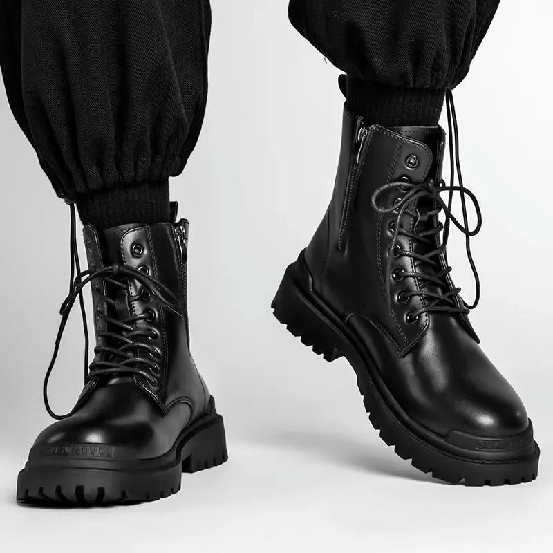Men's black mid-top leather-style boots with rubber sole