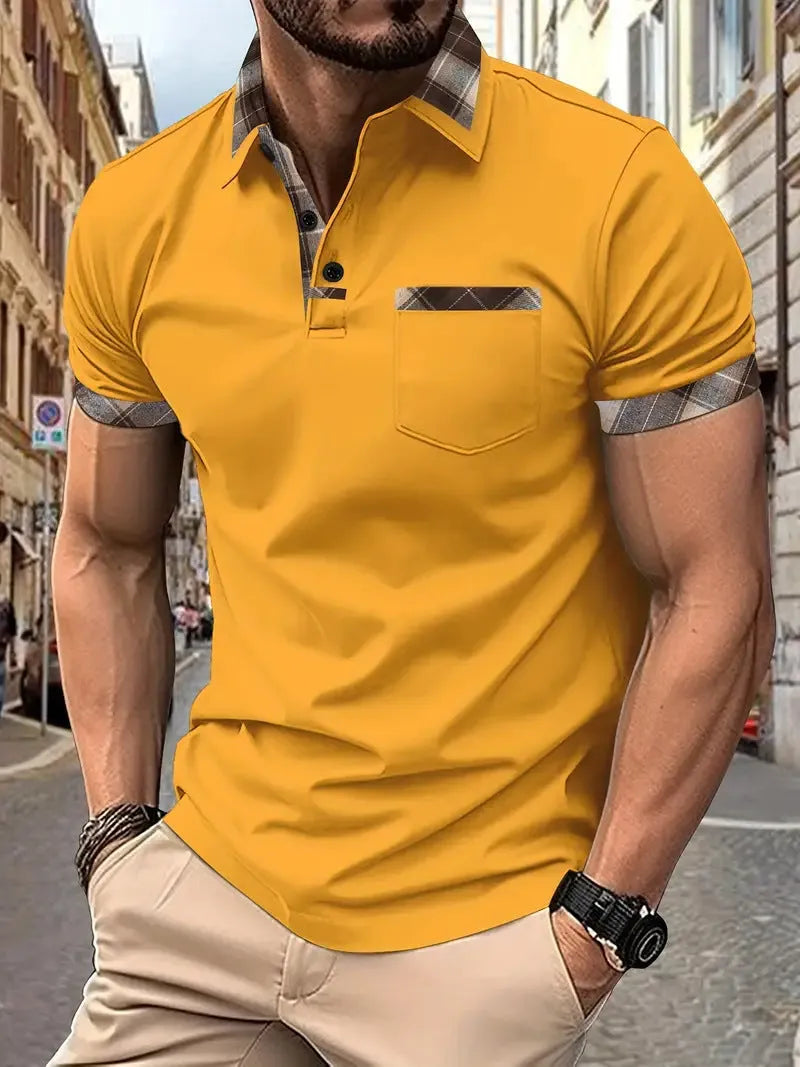 Men's plaid colourblock t-shirt with zipper decorations in loose fit polyester fabric