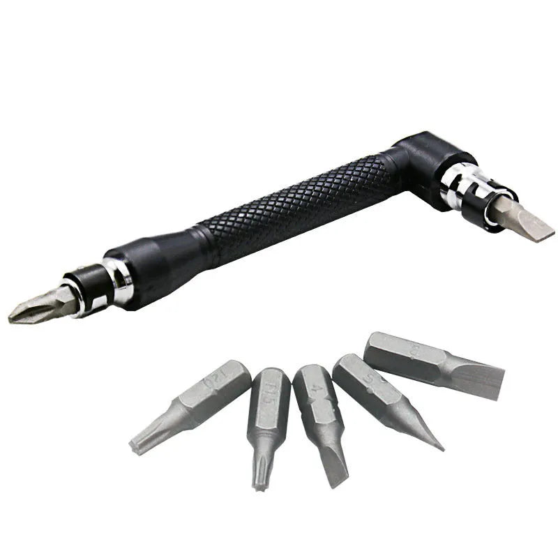L-shaped double-headed socket wrench handle with set of 10 screwdriver bits and 10 socket wrenches on a workbench