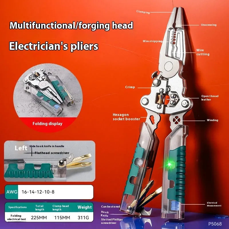 Thickened electrician's wire stripper and pointed pliers tool with rust-resistant finish