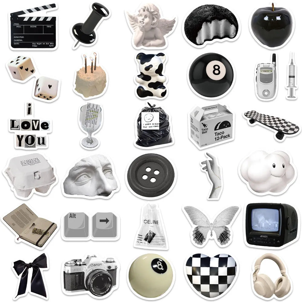 Black and white sticker set with 61 pieces, PVC waterproof material for laptops and cups