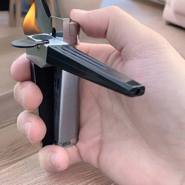 Folding metal pipe lighter showing open position with stash compartment visible