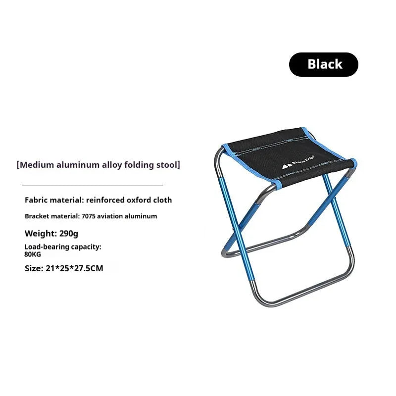 Black folding stool with an aluminium alloy frame, shown both folded and open for outdoor use.