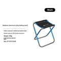 Black folding stool with an aluminium alloy frame, shown both folded and open for outdoor use.
