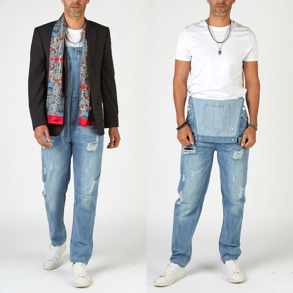Men's light blue high-waist suspender jeans with ripped detailing and straight leg silhouette