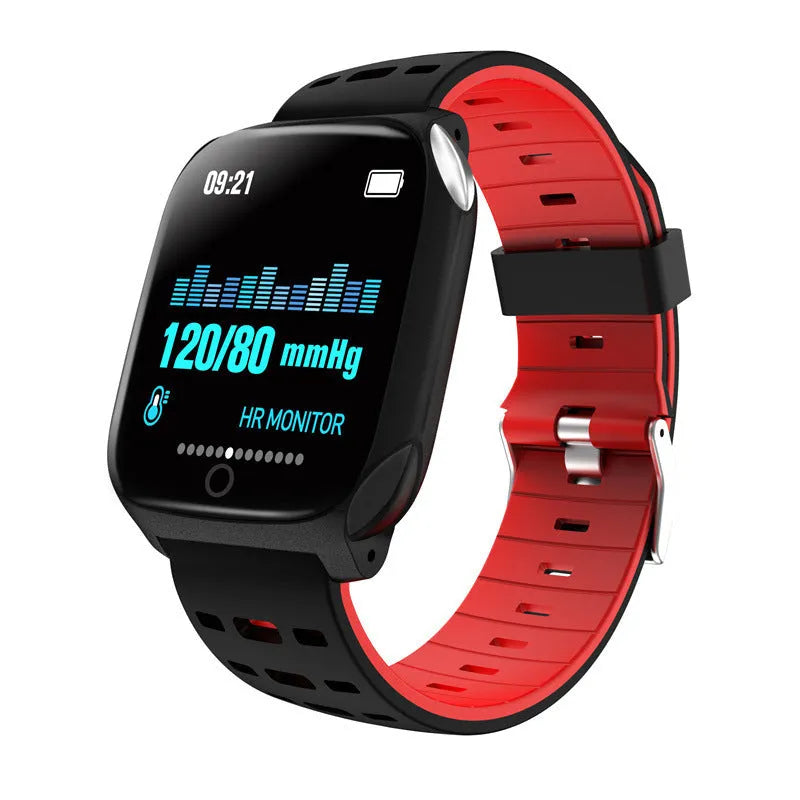 F16 Smart Watch with ECG monitor on wrist, showing black grey silicone strap and IPS screen displaying heart rate.