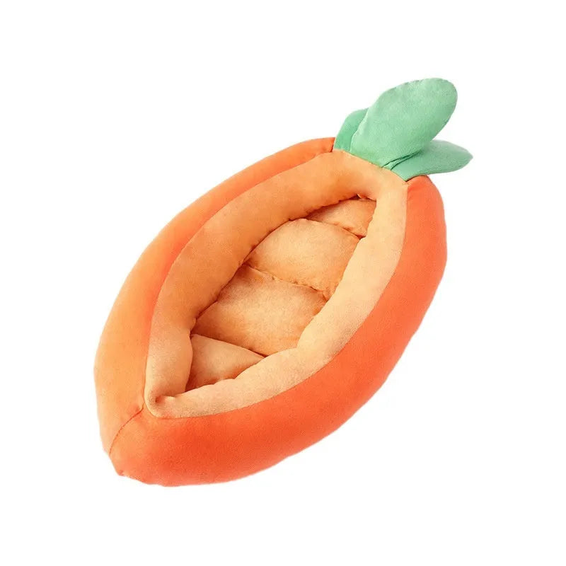 Carrot-coloured reversible cloth pet bed mat with cartoon carrot design, medium size