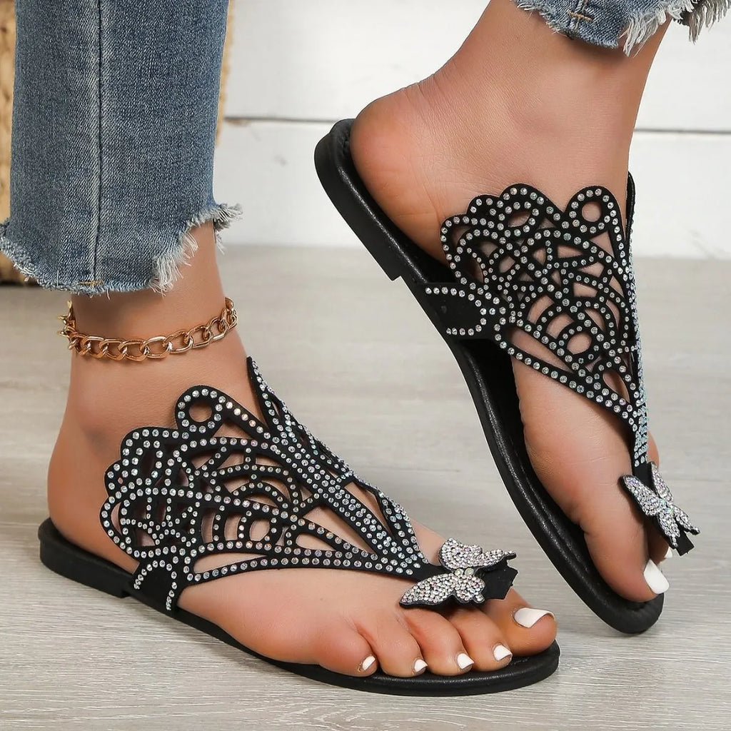 Women's black rhinestone slip-on flip-toe sandals with hollow design and flat rubber sole