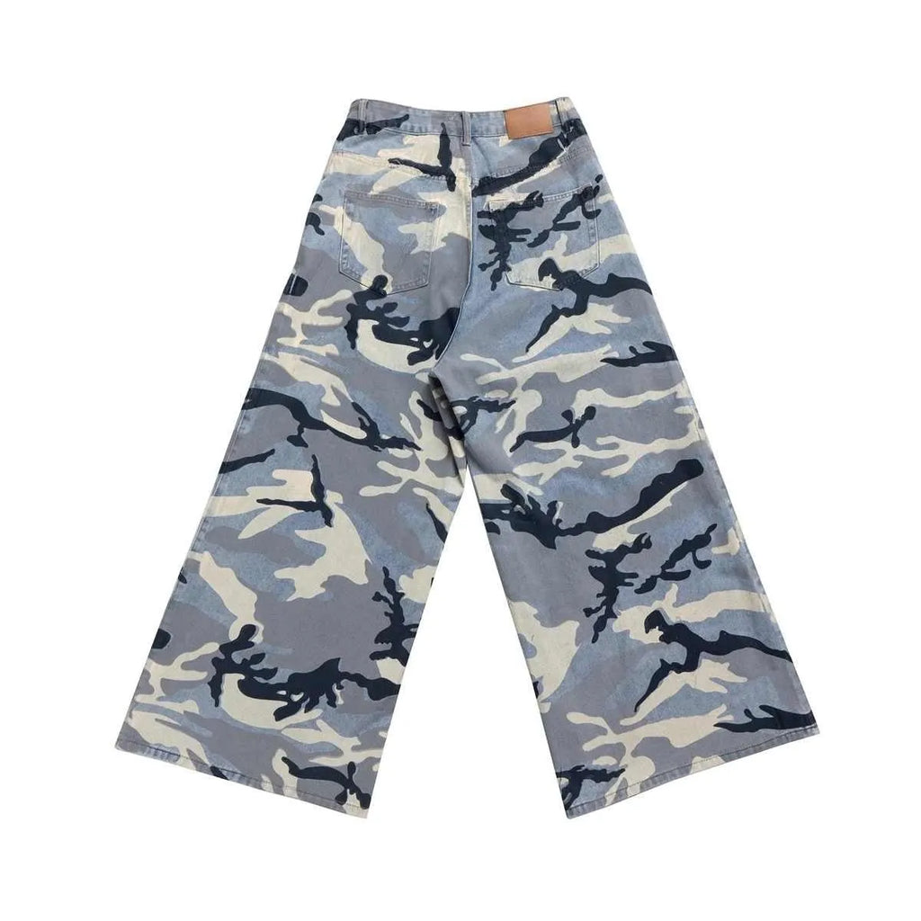 Snow camouflage blue loose fit jeans with mid waist design on hanger