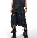 Blue hooded denim vest coat and matching trousers set with front zip closure