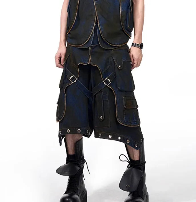 Blue hooded denim vest coat and matching trousers set with front zip closure