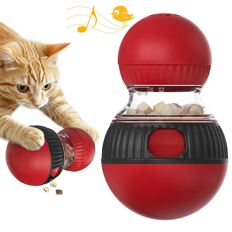 Rotating plastic cat food ball toy with Super Ball colour design showing treat dispensing mechanism