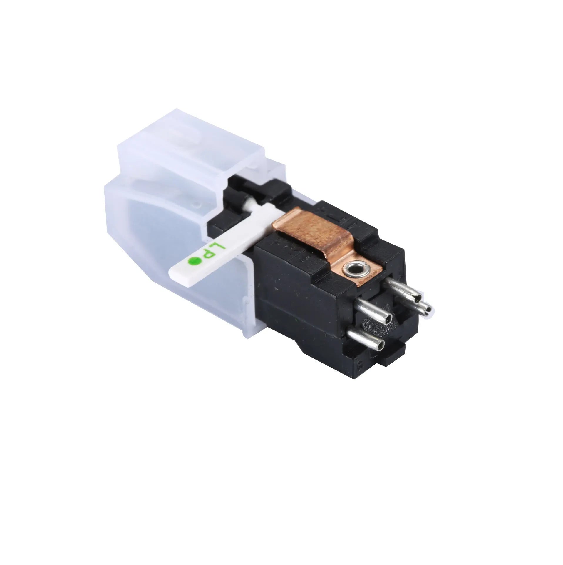 Double needle magnetic record cartridge with ABS plastic shell measuring 28mm by 10mm