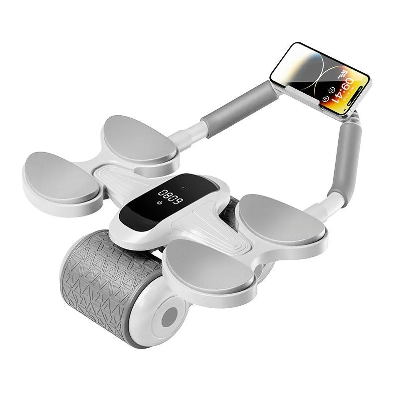 White intelligent abdominal roller fitness equipment with LED large screen timing counter and included hassock