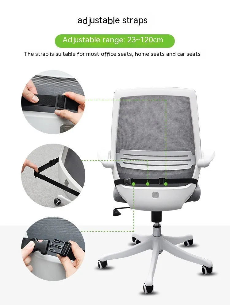 Solid colour memory foam cushion with an attached strap, shown on a car seat.