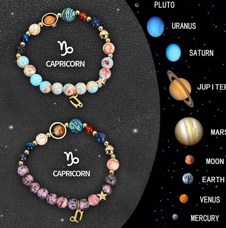Set of twelve beaded bracelets with natural stone beads and sterling silver zodiac charms on a dark background.
