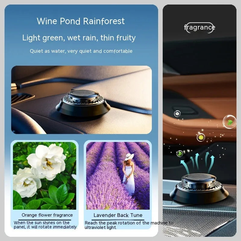 Solar kinetic car air freshener with rotating double rings on vehicle dashboard