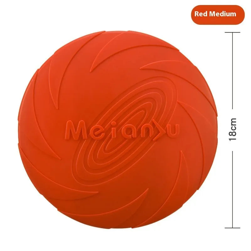 Soft rubber dog frisbee flying disc toy shown in blue, available in small, medium, and large sizes.