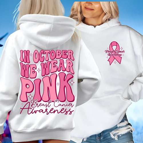 Breast Cancer Awareness pullover hoodie with retro art design and side seam pockets in pink colour.