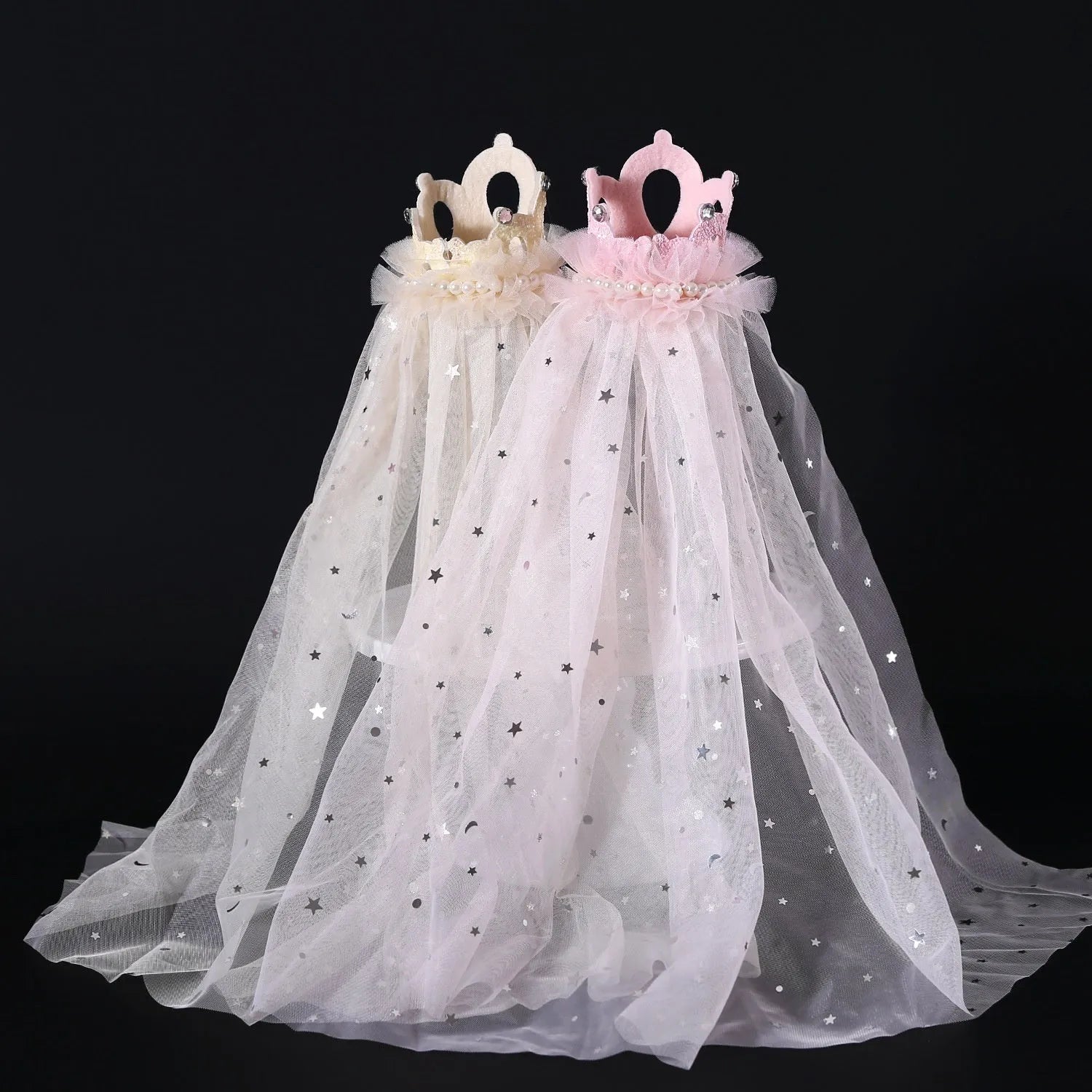 Pet cat wearing a princess crown headdress with a long veil, available in beige or pink.
