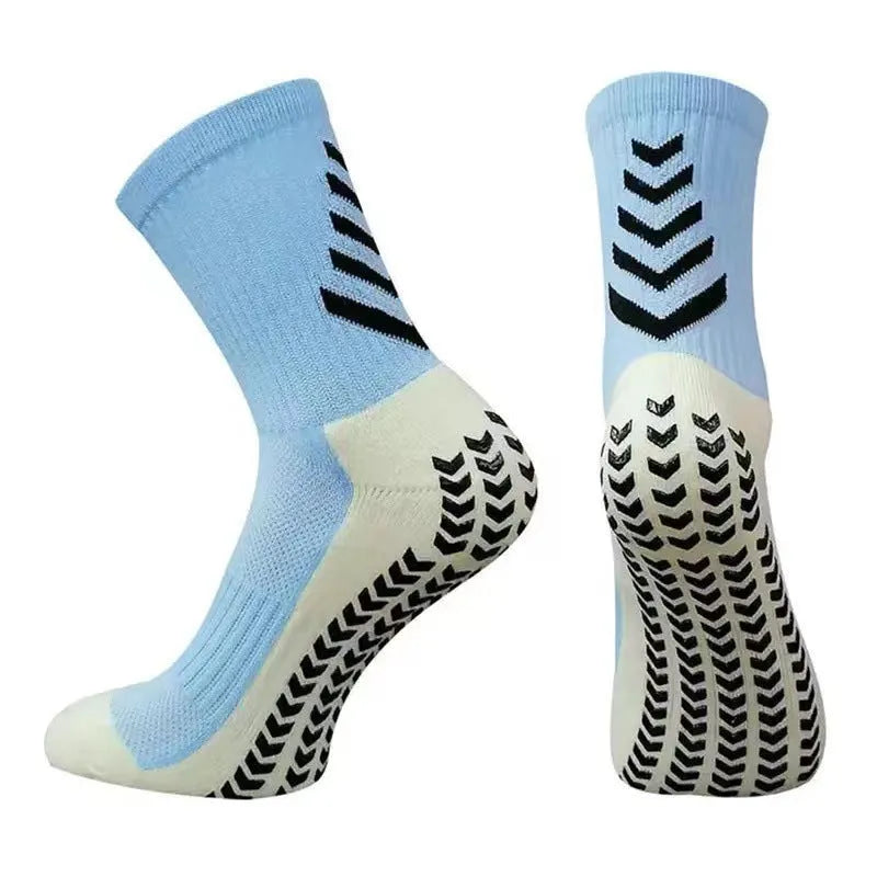 Men's mid-calf athletic socks with geometric patterns and non-slip silicone grip for football and running