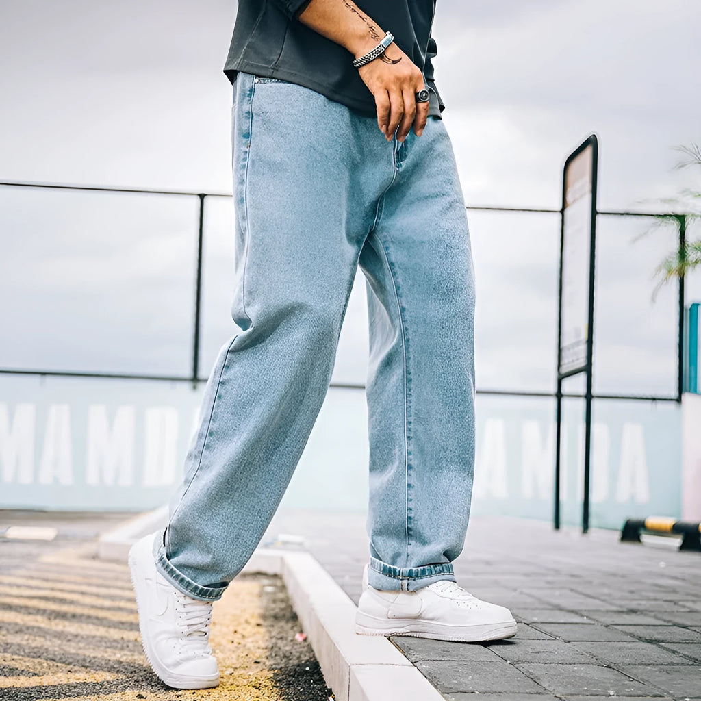 Men's loose straight casual jeans in dark blue, light blue, and grey colour options