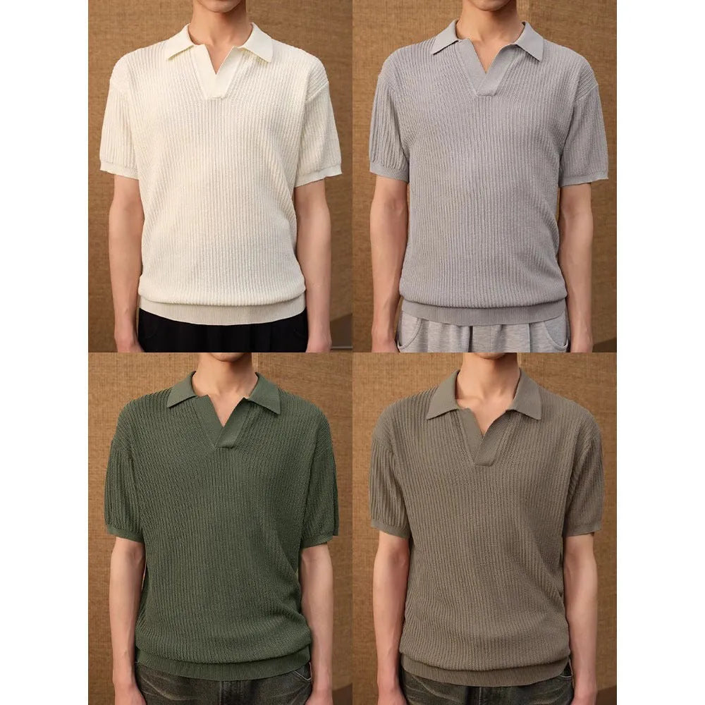 Men's business style polo shirt with striped collar in ice silk fabric, available in creamy-white, black and grey colours