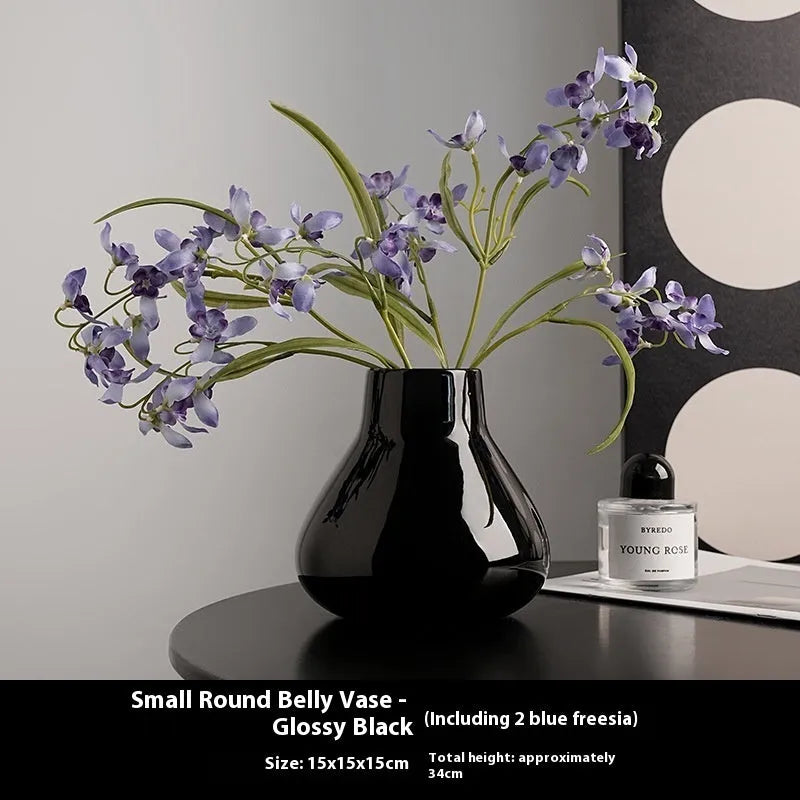 Ceramic round belly French vase in black or white glaze with optional artificial orchid flowers