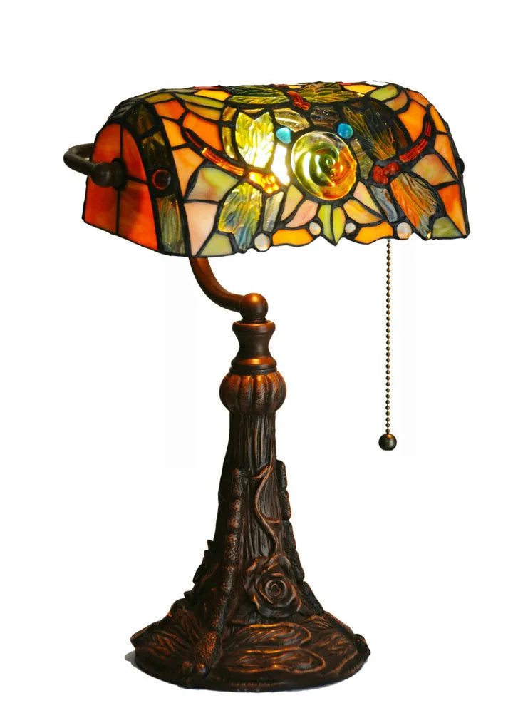 10-inch Tiffany stained glass table lamp with coloured panels and resin base, 25cm wide