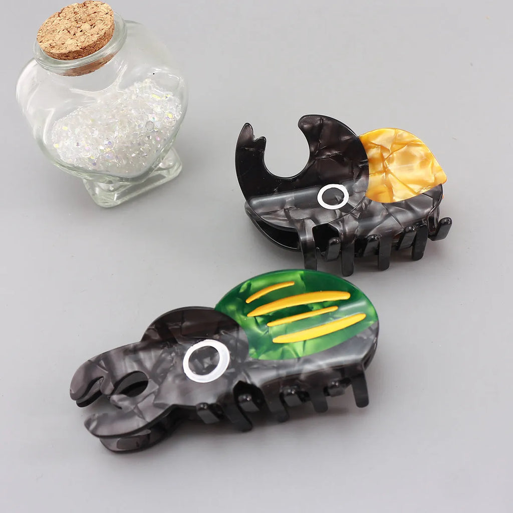 Handmade cellulose acetate beetle grip decorative clip with insect biology cartoon design