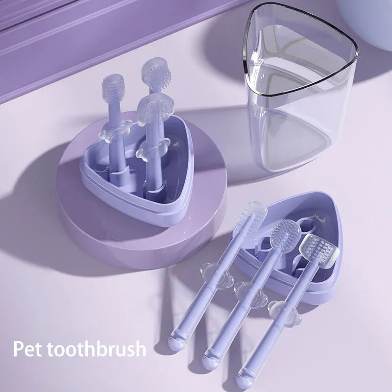 Silicone pet toothbrush set for dogs and cats in blue, green, and purple colours