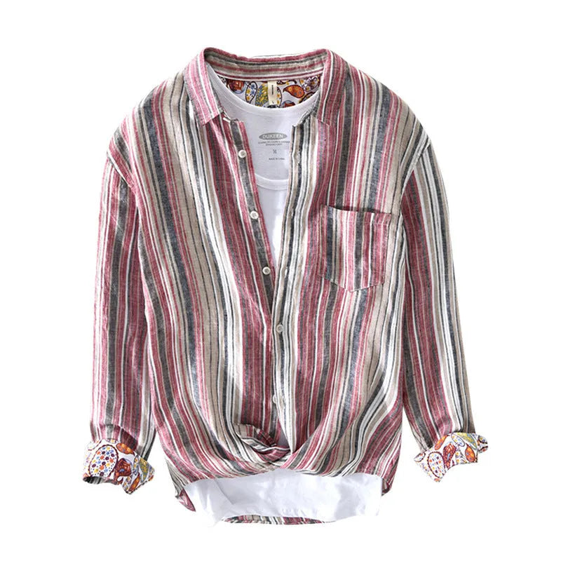 Men's striped linen shirt in red or grey with long sleeves and loose fit for spring summer wear