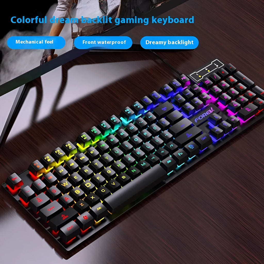 Black portable 104-key gaming keyboard with backlight and matching mouse
