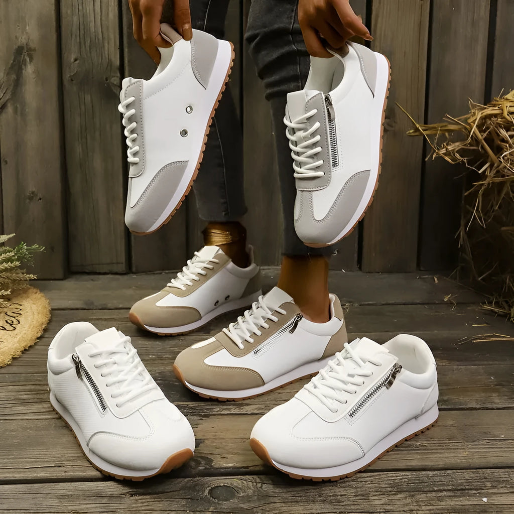 Women's flat-heeled casual shoes in grey, white, or Champagne with artificial PU upper and rubber sole