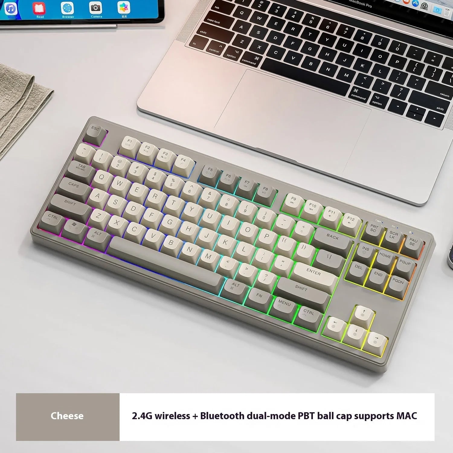 Wireless Bluetooth dual-mode mechanical keyboard with 87 keys in blueberry colour showing hot-swappable switches