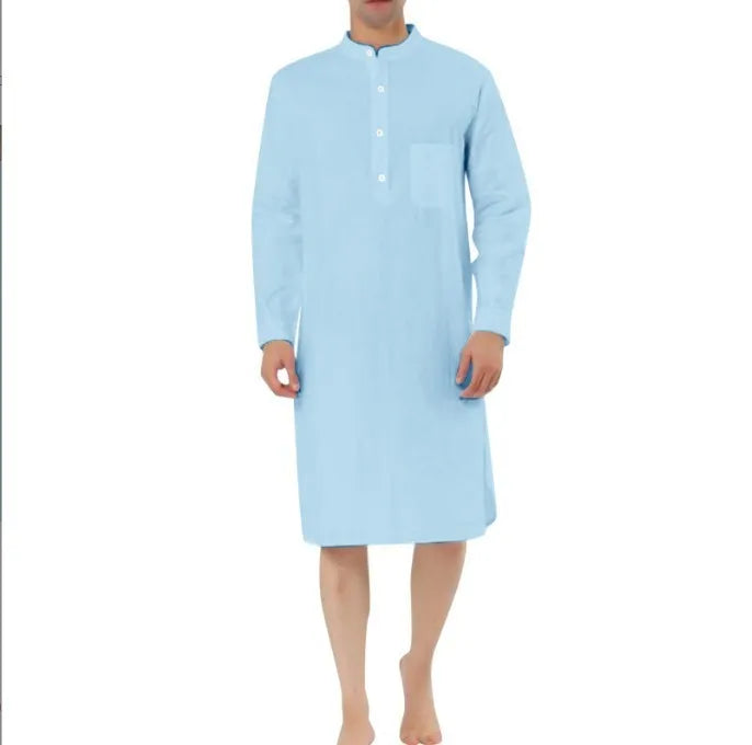 Men's cotton shirt robe in a shirt style with two front pockets, shown in one of nine available colours.