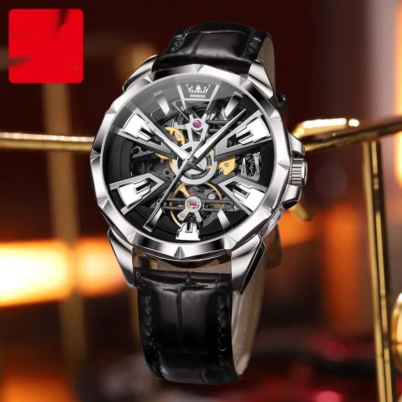 Men's automatic mechanical watch with 44mm barrel dial and transparent case back showing movement