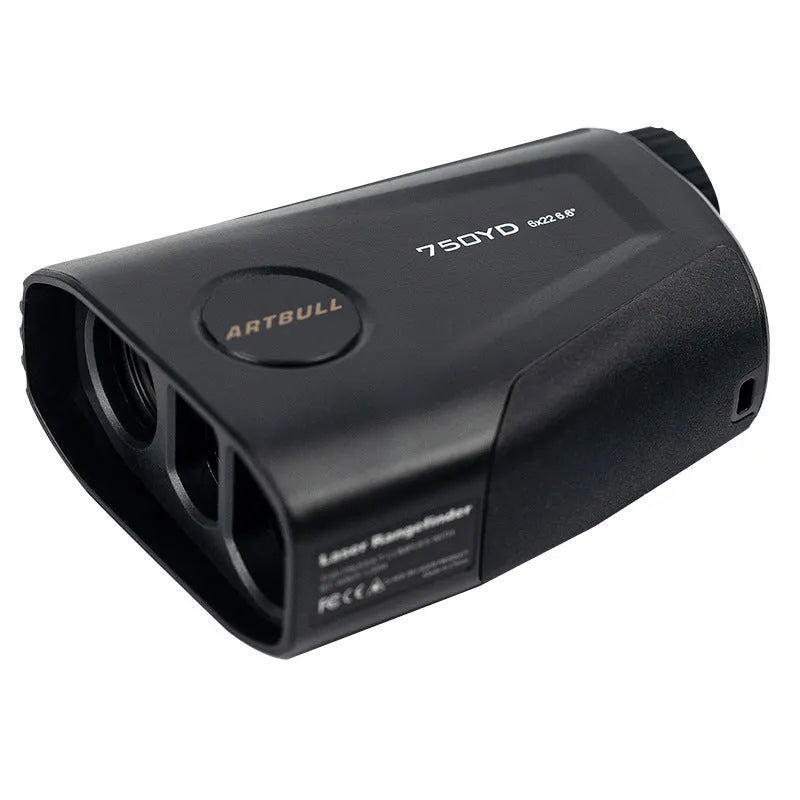 Golf laser rangefinder with LCD display showing distance measurement and flag lock indicator