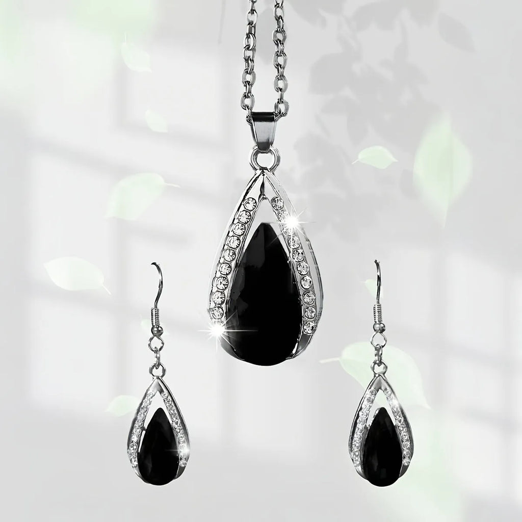 Black and red alloy teardrop glass pendant necklace and matching earrings set