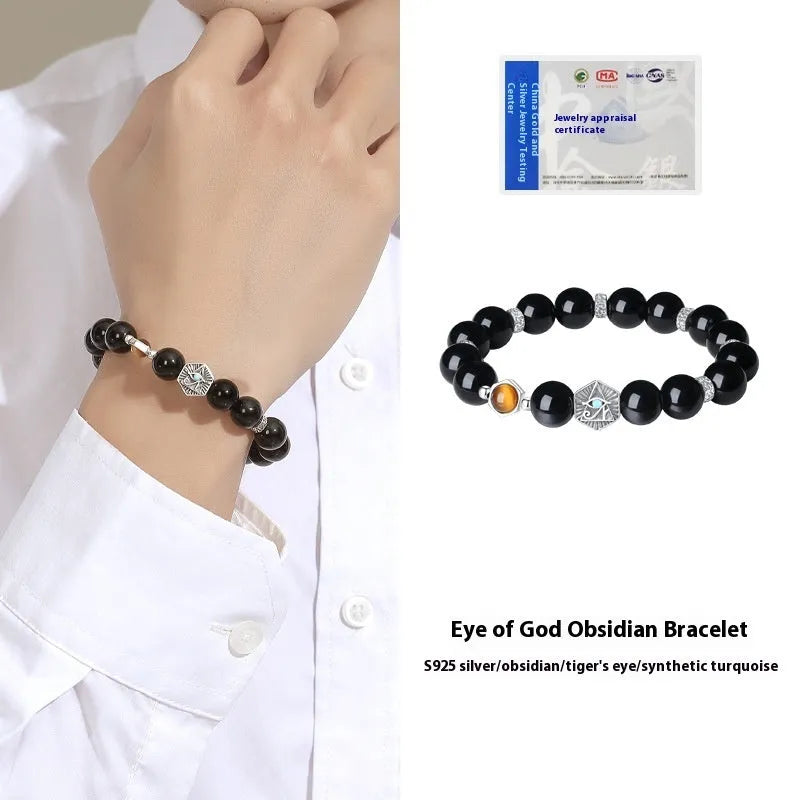 Men's retro God's Eye bracelet with 8mm obsidian inlay set in a sterling silver S925 band.