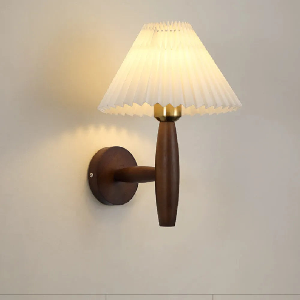 American retro style wall lamp with rubber wood frame and fabric shade in walnut wood colour