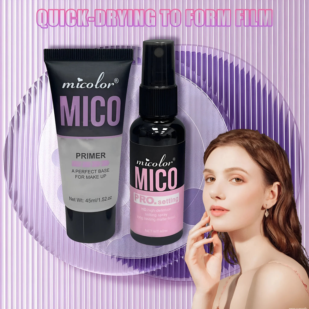 Two-in-one makeup primer and setting spray bottles in monochrome packaging