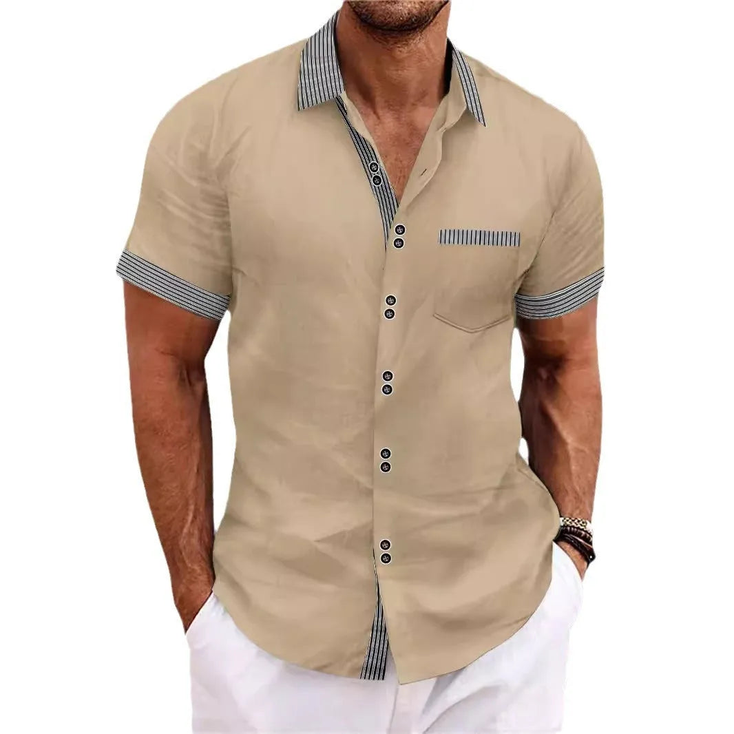 Man wearing a slim fit striped short sleeve cotton shirt with a double button front closure.