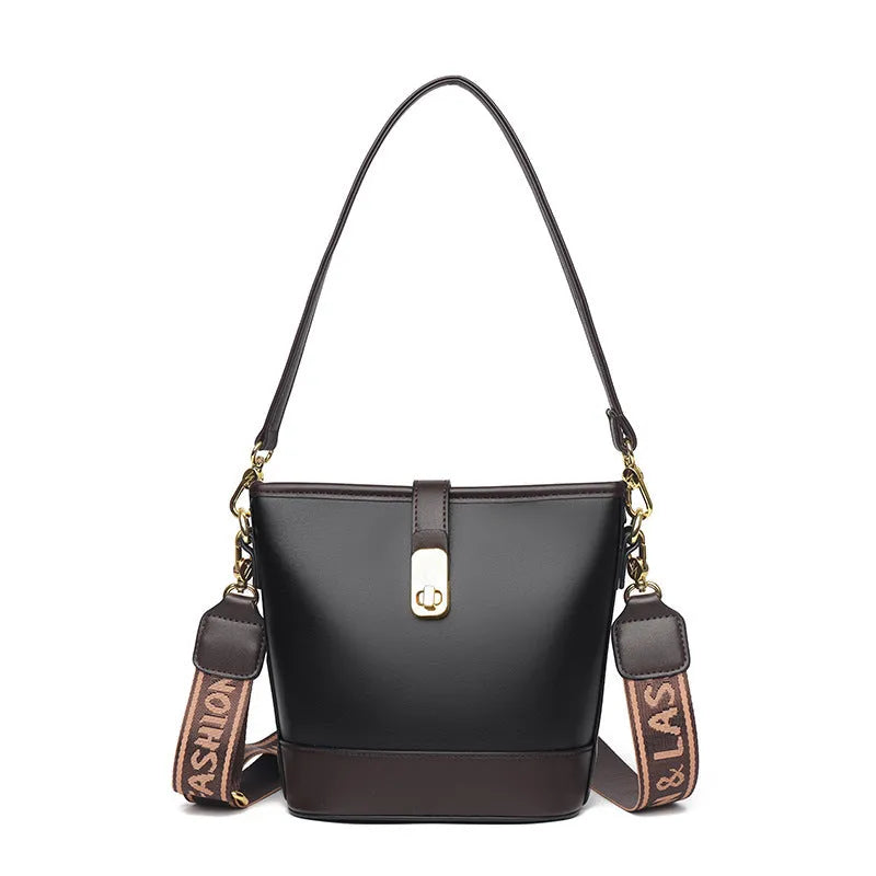 Korean style black soft PU bucket bag with double shoulder straps and multiple internal compartments