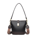 Korean style black soft PU bucket bag with double shoulder straps and multiple internal compartments