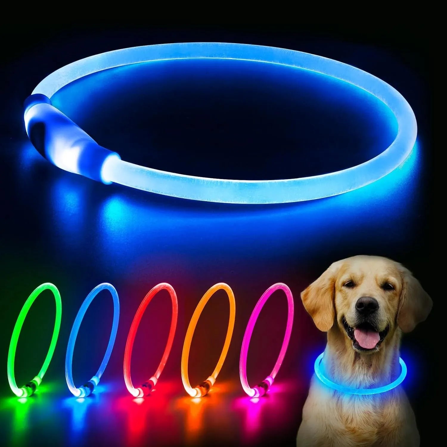 USB rechargeable LED dog collar glowing in dark with adjustable strap