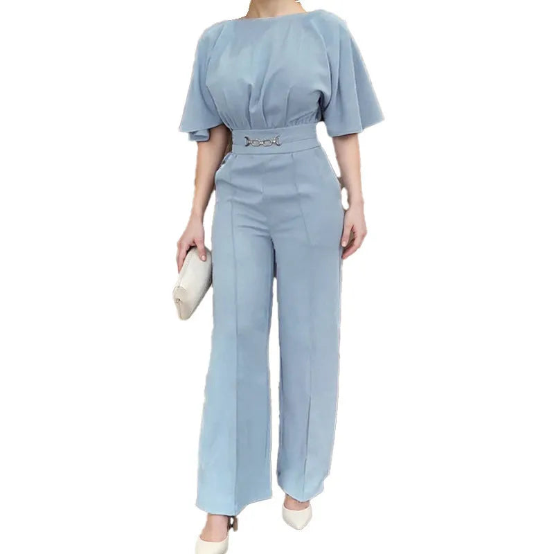 Blue polyester men's casual suit set with long-sleeve shirt and matching trousers